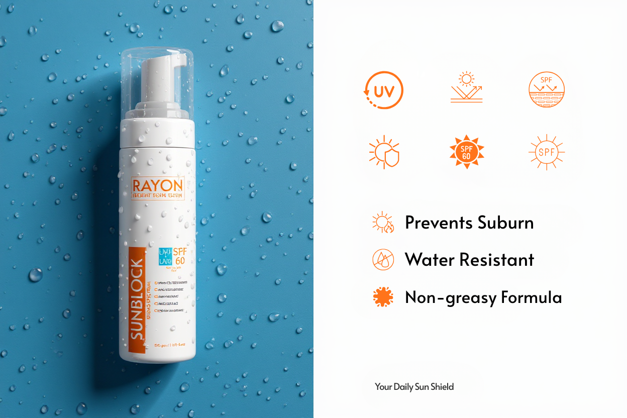 Rayon sunblock spray bottle on a blue textured background with sun protection icons and text.