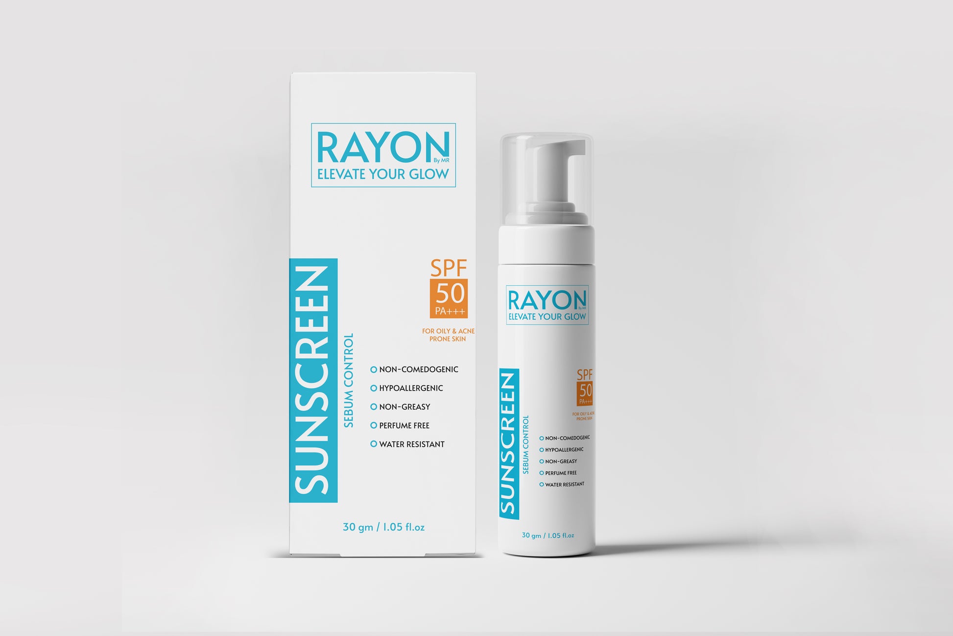 Rayon sunscreen bottle and packaging on a light gray background