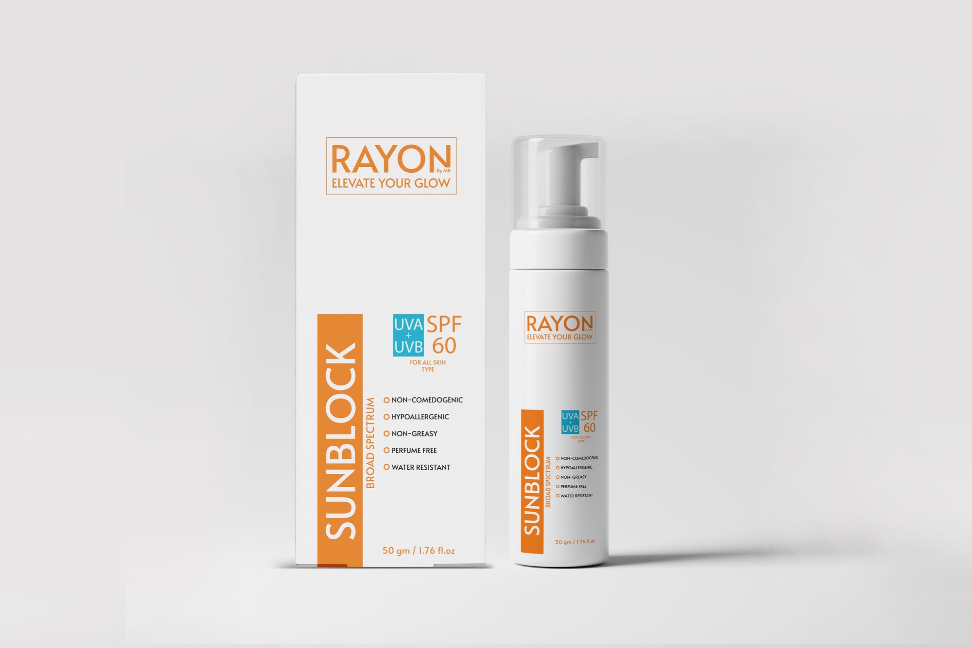Rayon sunblock cream packaging and bottle on a white background